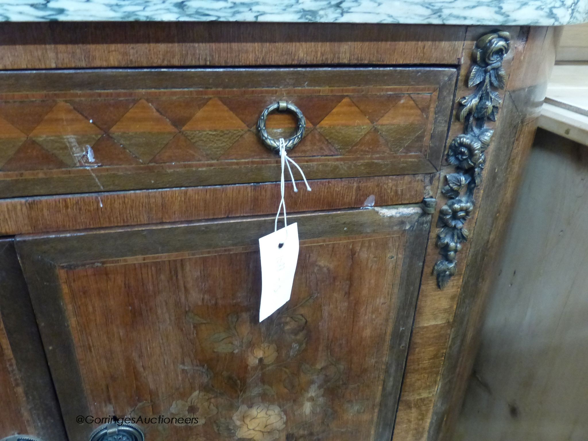 A French green marble topped commode, width 93cm, depth 41cm, height 92cm